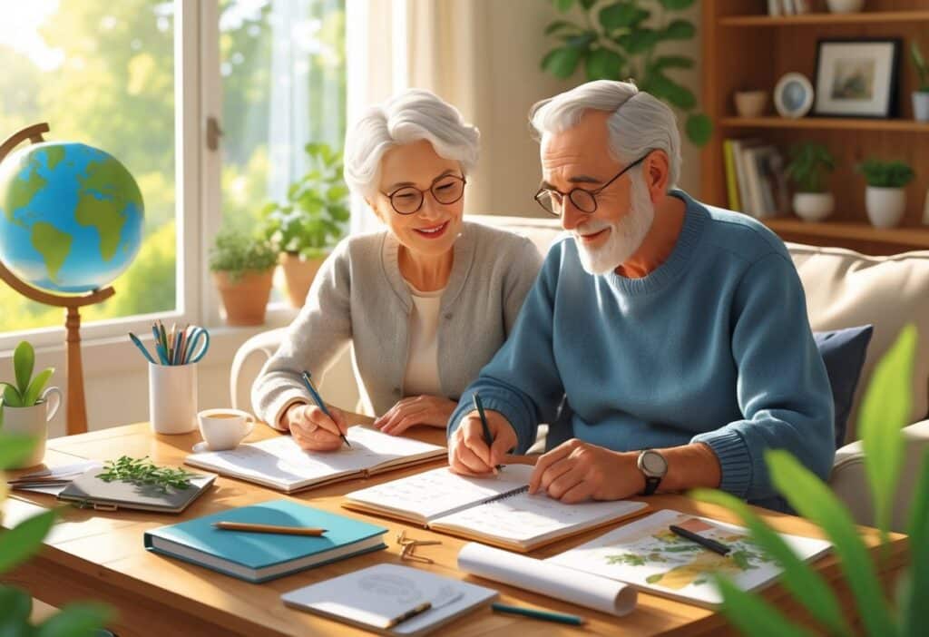 An older couple sitting at a table in a sunlit room, planning their retirement goals surrounded by items representing hobbies and travel.