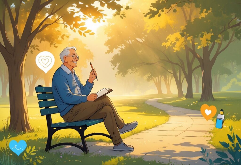 An older adult sitting on a park bench with a journal, surrounded by symbols like a tree, paintbrush, heart, and book, reflecting peacefully in a sunny park.
