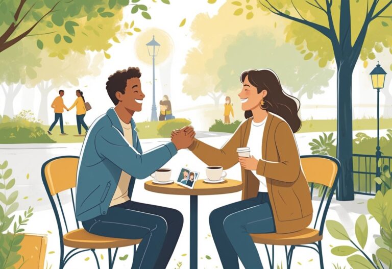 Two adults reconnecting and smiling together at an outdoor café table surrounded by trees and soft sunlight.